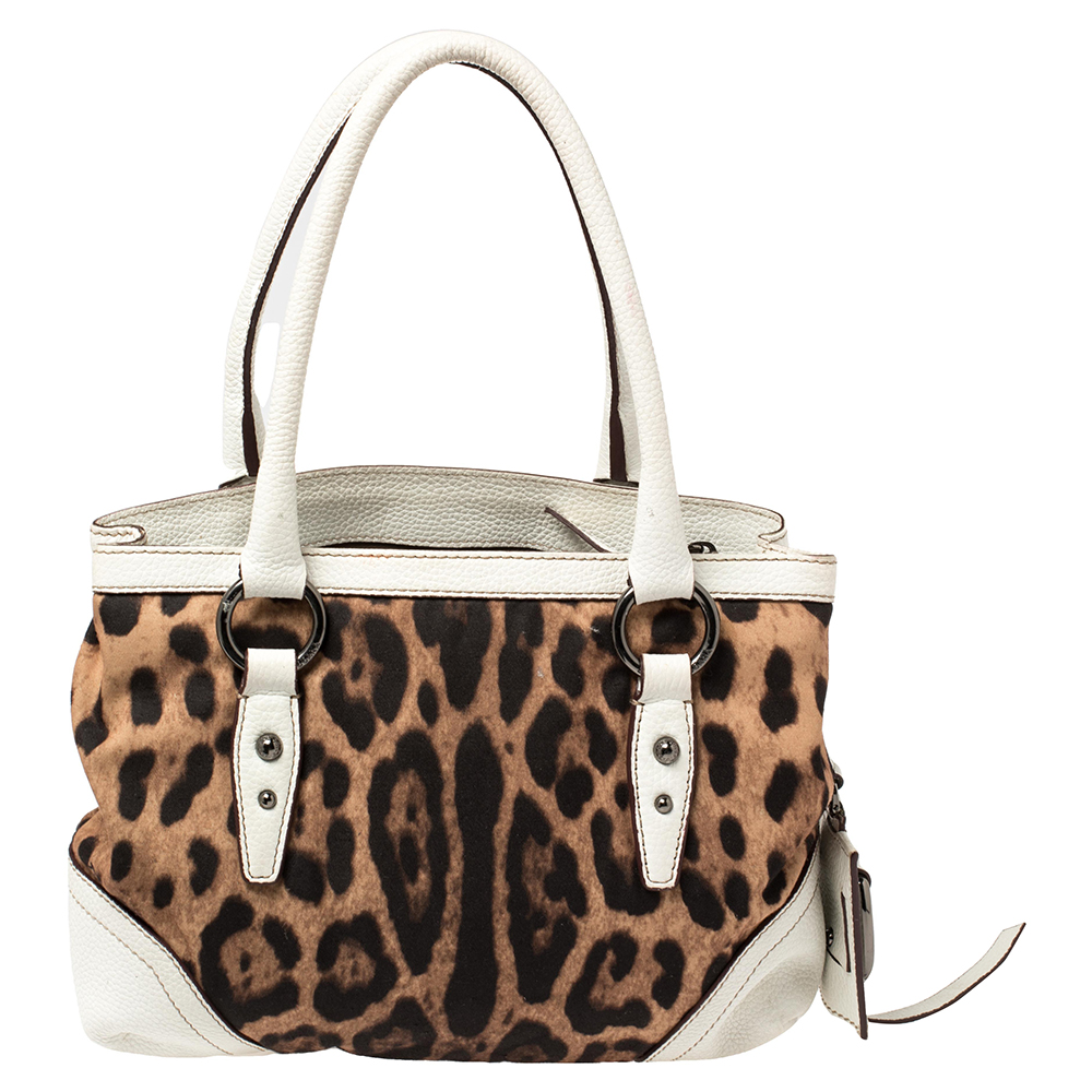 Dolce & Gabbana White/Brown Animal Print Fabric And Leather Satchel