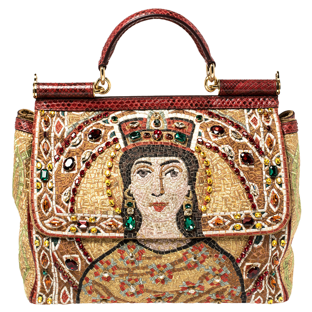 Dolce & Gabbana Multicolor Embroidered Fabric and Python Trim Queen Regina Large Sicily Top Handle Bag