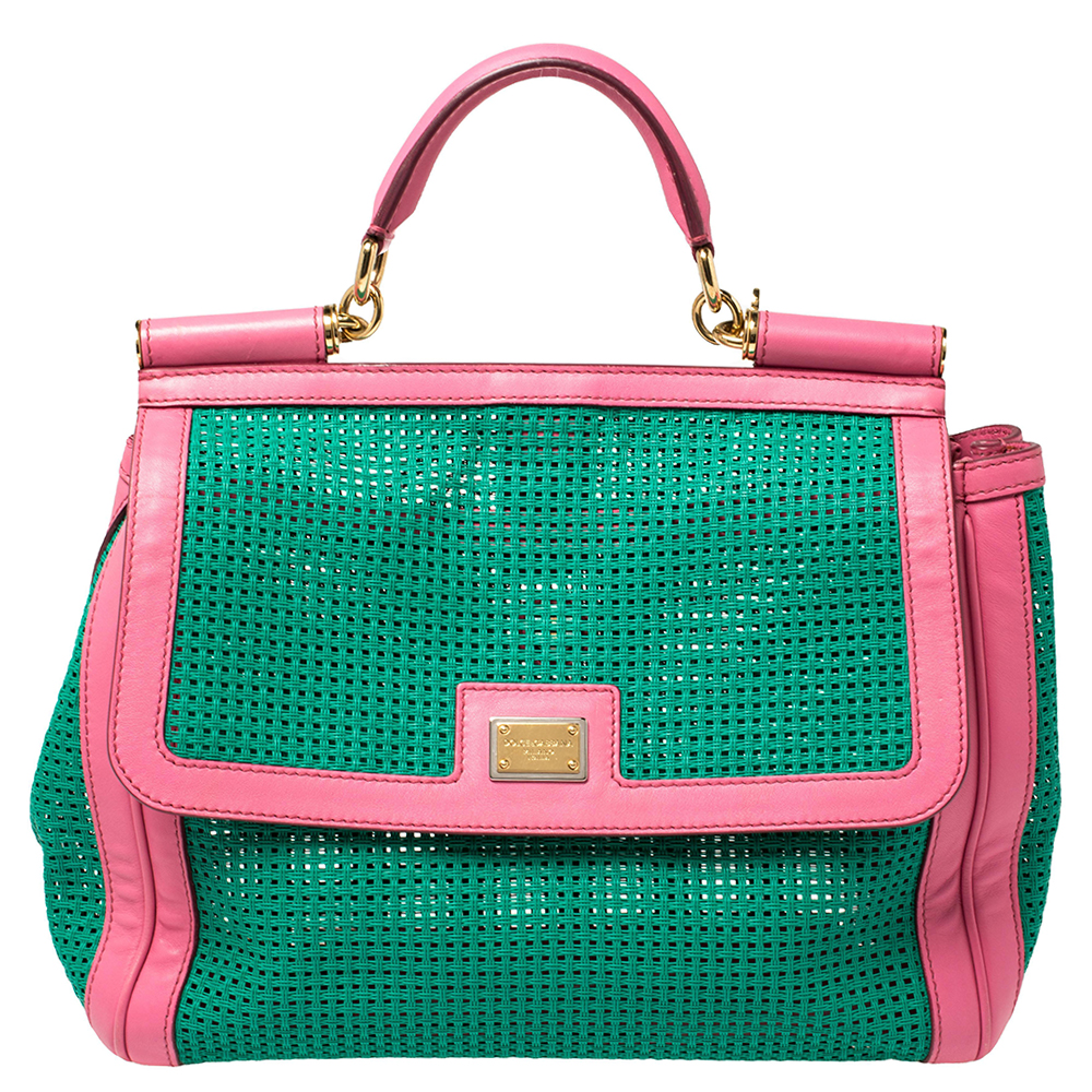Dolce & Gabbana Green/Pink Woven Raffia and Leather Large Miss Sicily Top Handle Bag