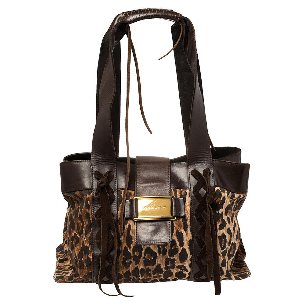 Dolce & Gabbana Beige/Brown Leopard Print Canvas And Leather Tote