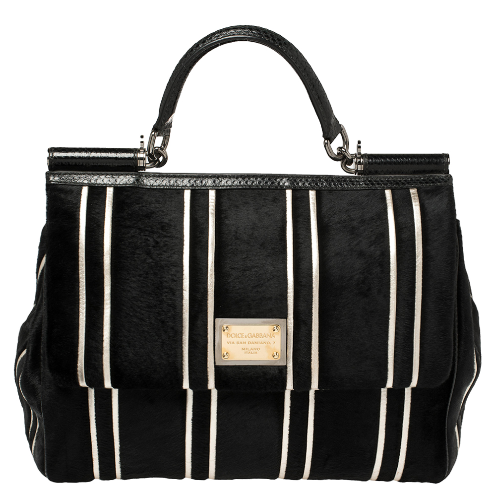 Dolce and Gabbana Black/Silver Stripe Calfhair and Snakeskin XL Miss Sicily Top Handle Bag