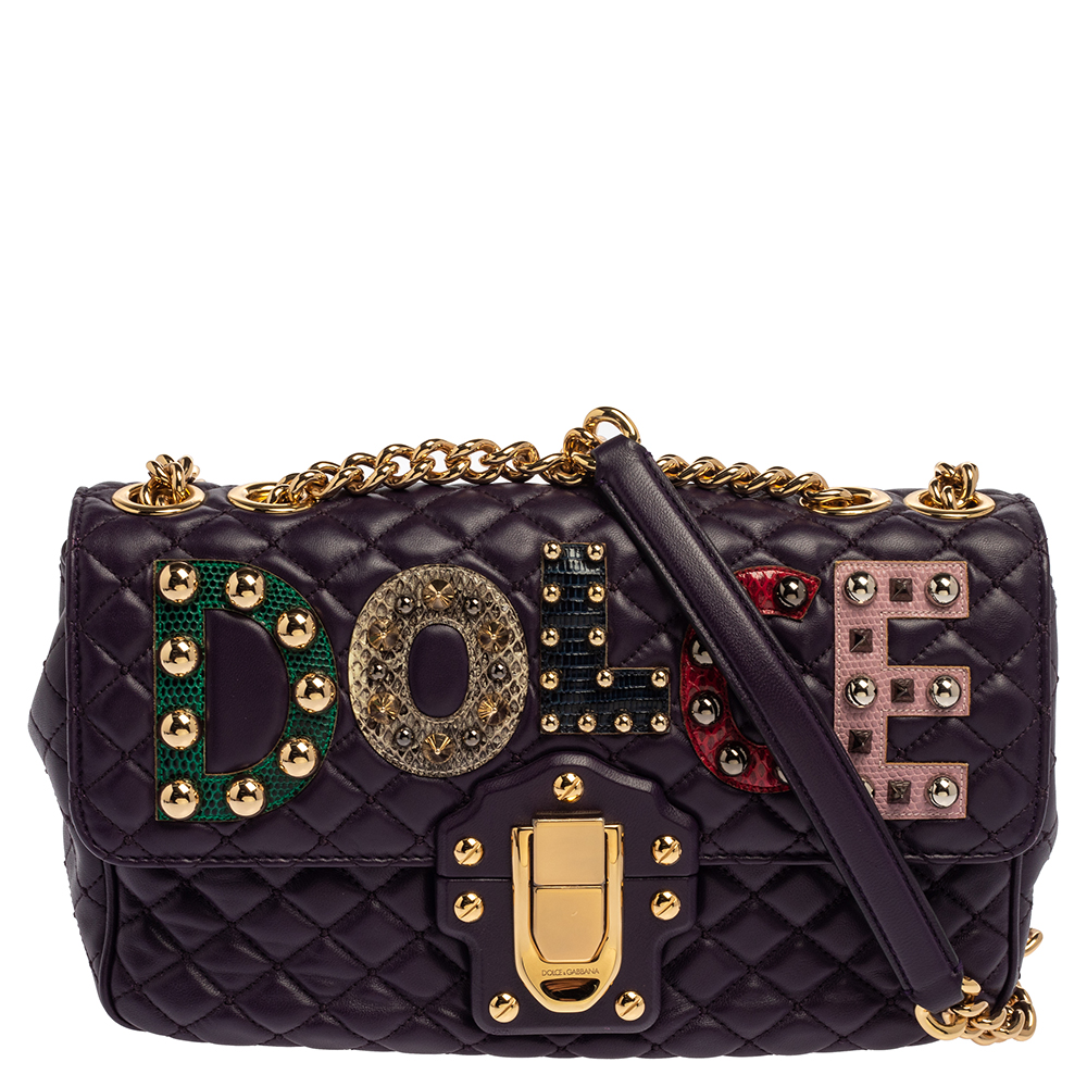 Dolce & Gabbana Purple Quilted Leather Lucia Embellished Shoulder Bag