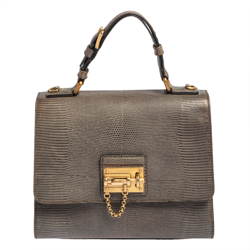 Dolce & Gabbana Grey Lizard Embossed Leather Medium Miss Monica Top Handle Bag