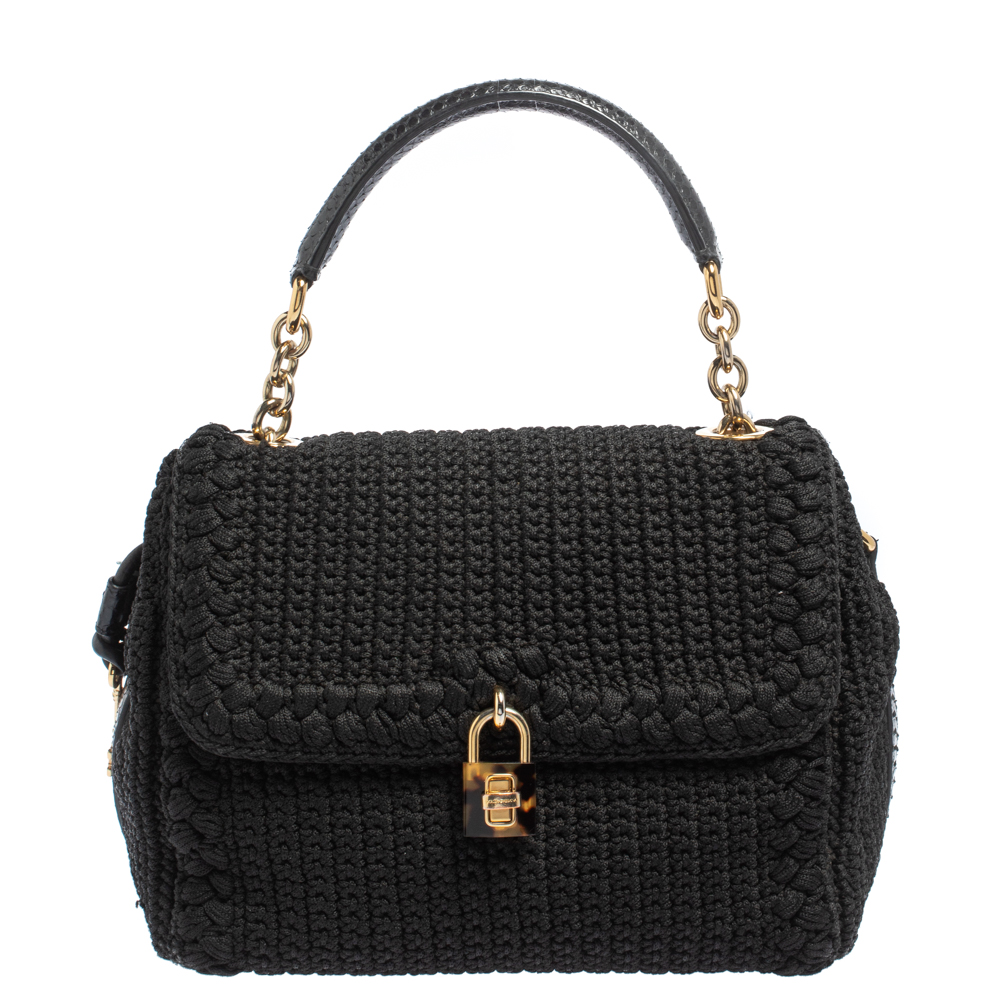 Dolce & Gabbana Black Crochet Fabric and Snakeskin Padlock Top Handle Bag
