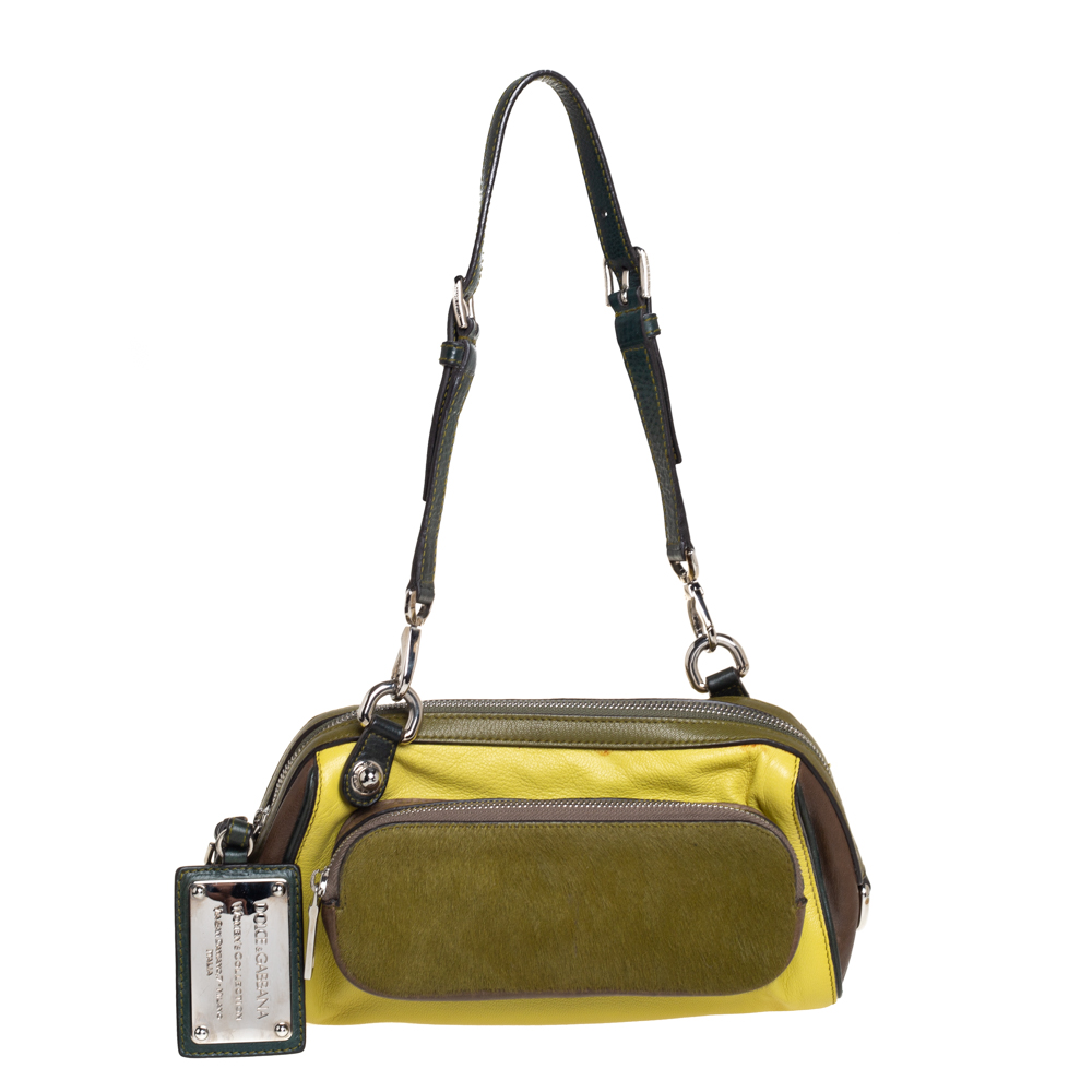 Dolce & Gabbana Green/Brown Leather and Calfhair Miss Pocket Bag
