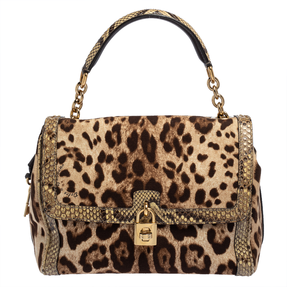 Dolce and Gabbana Brown Leopard Print Canvas and Python Miss Dolce Top Handle Bag