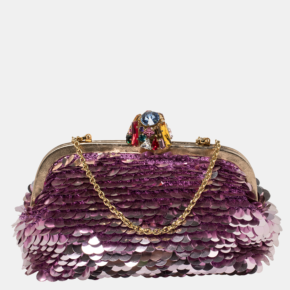 Dolce & gabbana pink sequin crystal embellished lock frame chain clutch