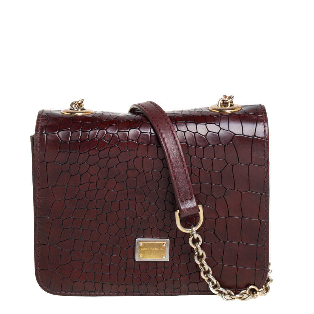 Dolce & Gabbana Burgundy Croc Embossed Leather Flap Chain Crossbody Bag