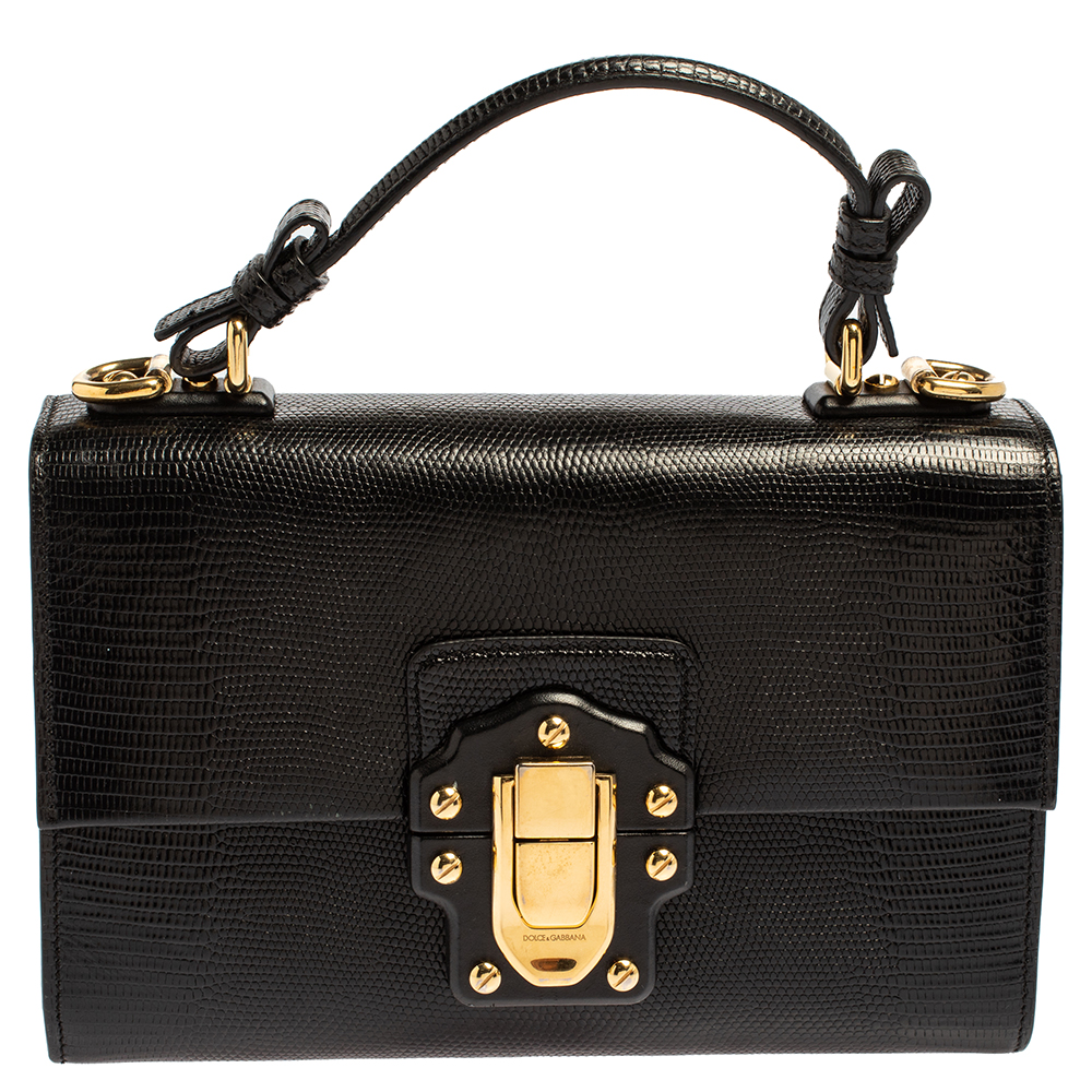 Dolce & Gabbana Black Lizard Embossed Leather Lucia Top Handle Bag
