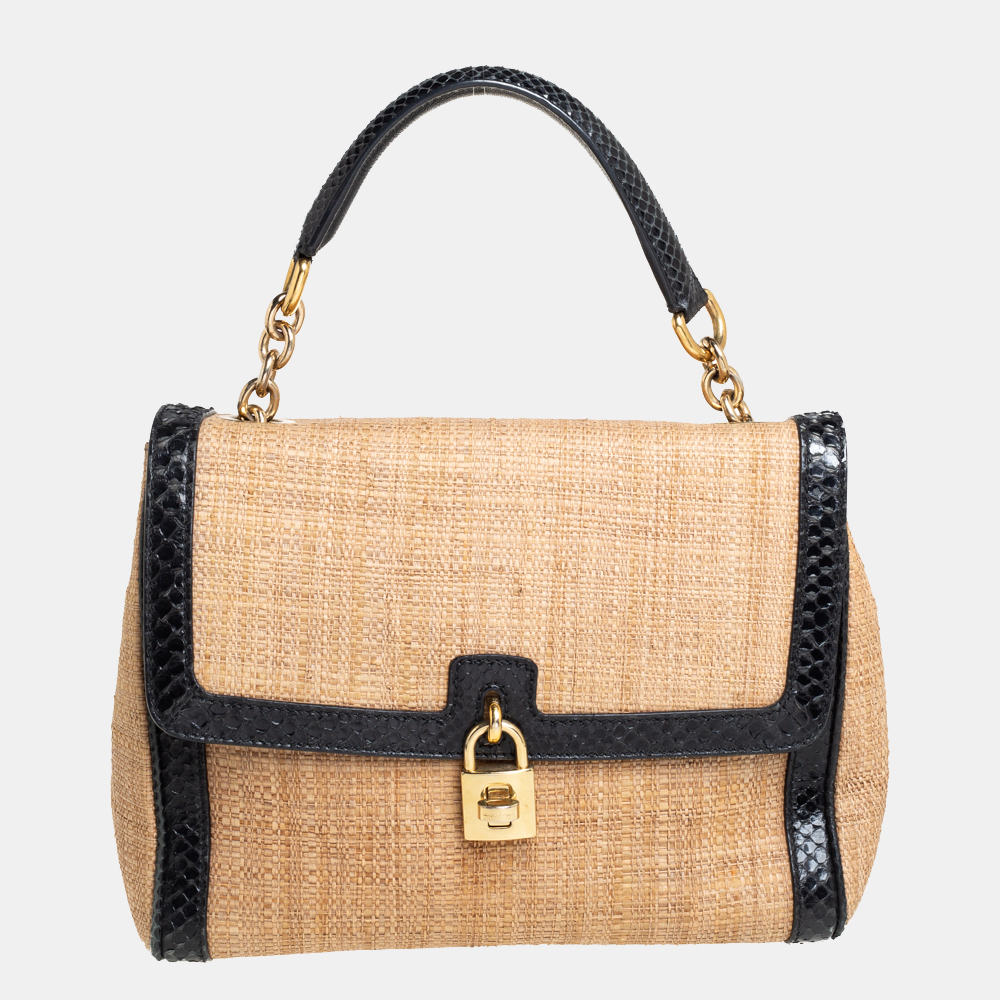 Dolce & gabbana beige/black raffia and python trim miss dolce top handle bag