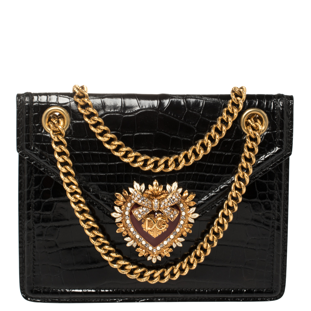 Dolce & Gabbana Black Crocodile Devotion Shoulder Bag