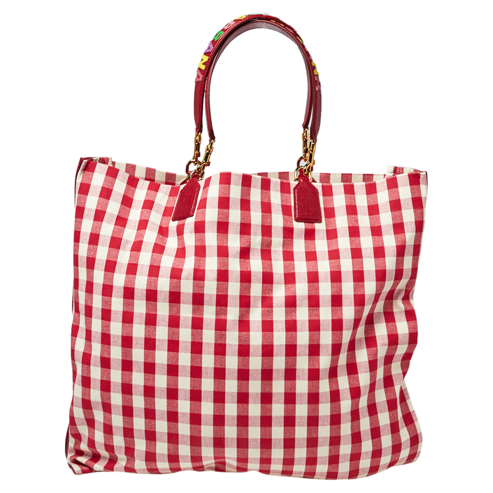 Dolce & Gabbana Red/White Gingham Fabric And Lizard Leather I Love Pizza Sequined Tote