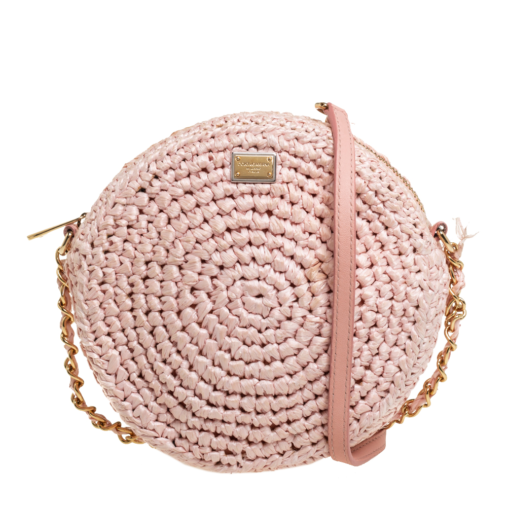 Dolce & Gabbana Pink Blush Straw Round Crossbody Bag