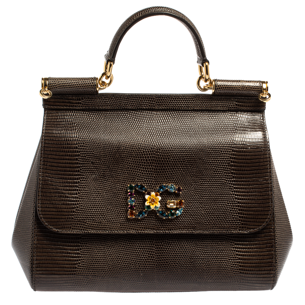 Dolce & Gabbana Grey Lizard Embossed Leather Medium Miss Sicily Bag