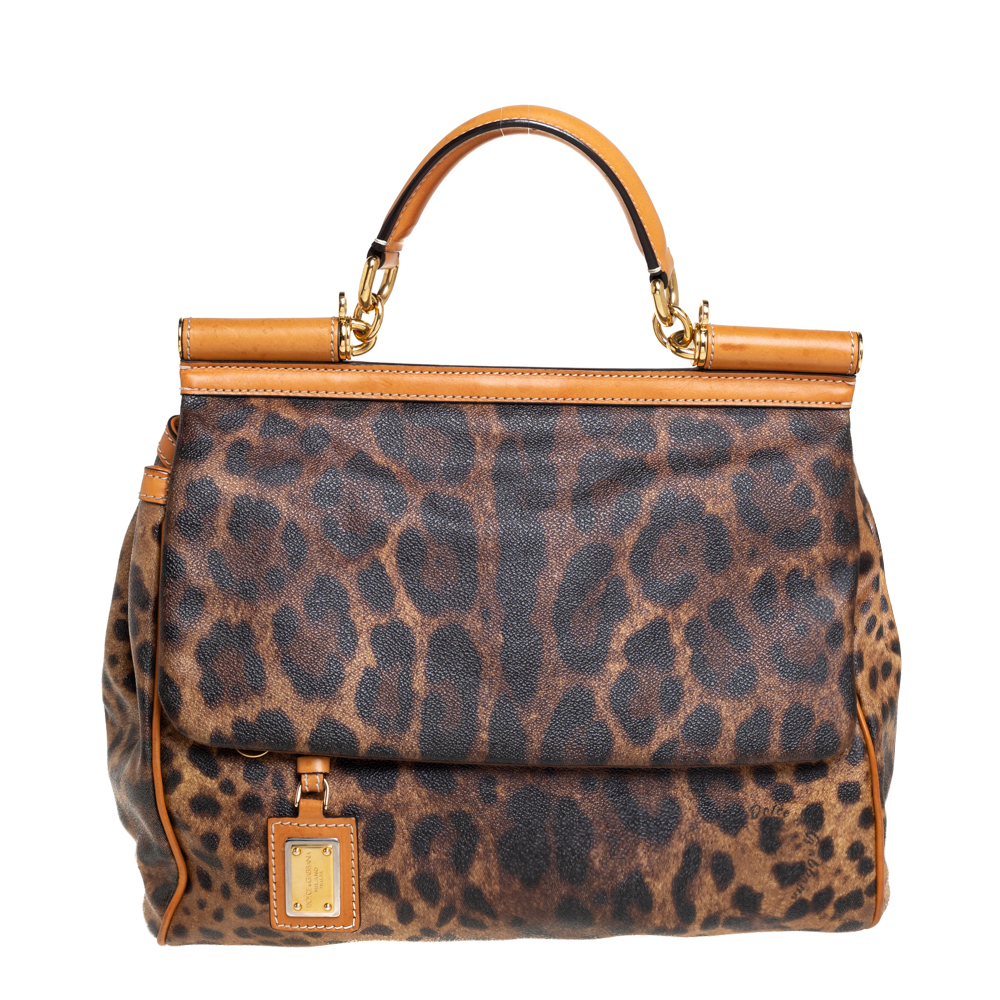 Dolce & Gabbana Brown/Tan Leopard Print Coated Canvas and Leather Large Miss Sicily Top Handle Bag