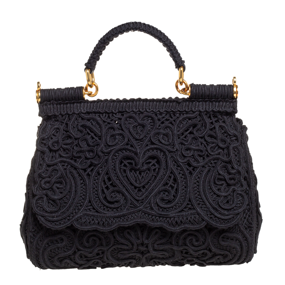 Dolce & Gabbana Black Fabric Medium Sicily Cordonetto Top Handle Bag
