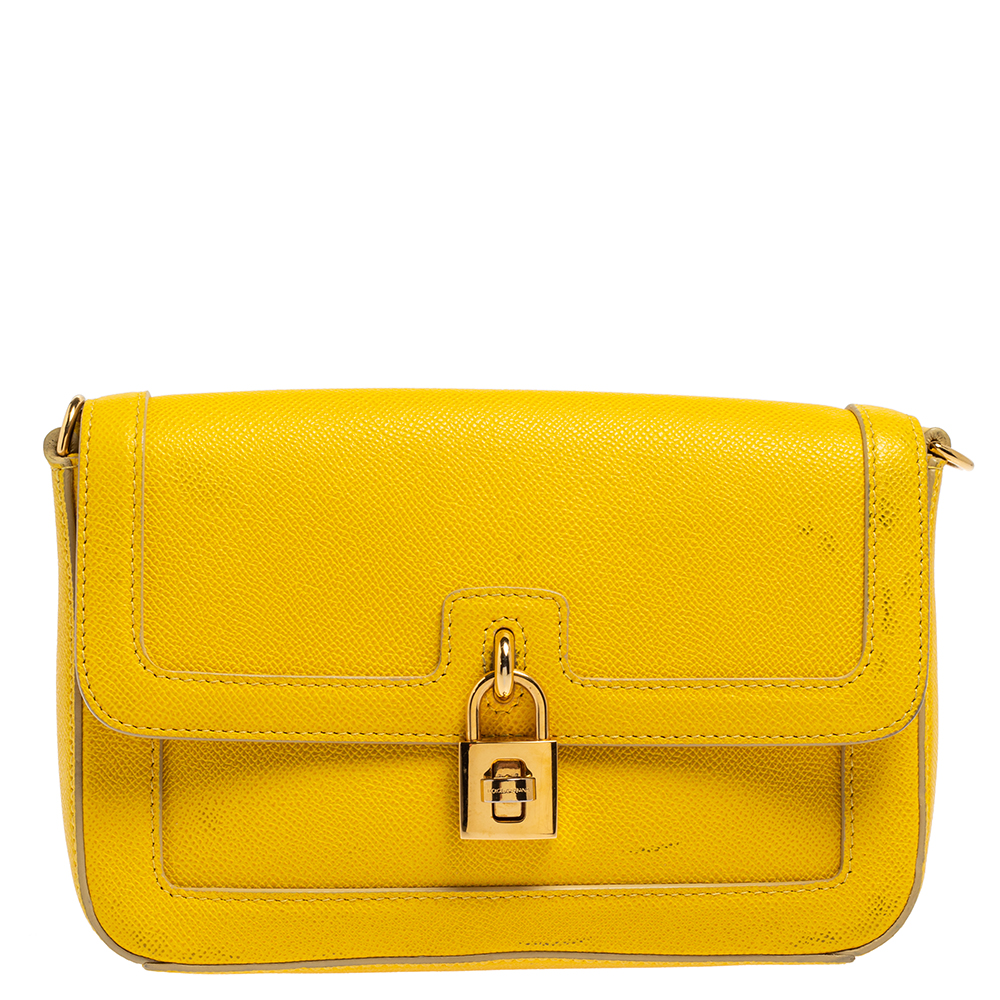 Dolce & Gabbana Yellow Leather Padlock Flap Crossbody Bag