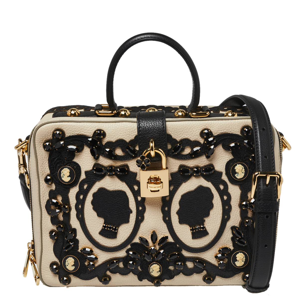 Dolce & Gabbana Beige Leather Embellished Large Rosaria Box Top Handle Bag