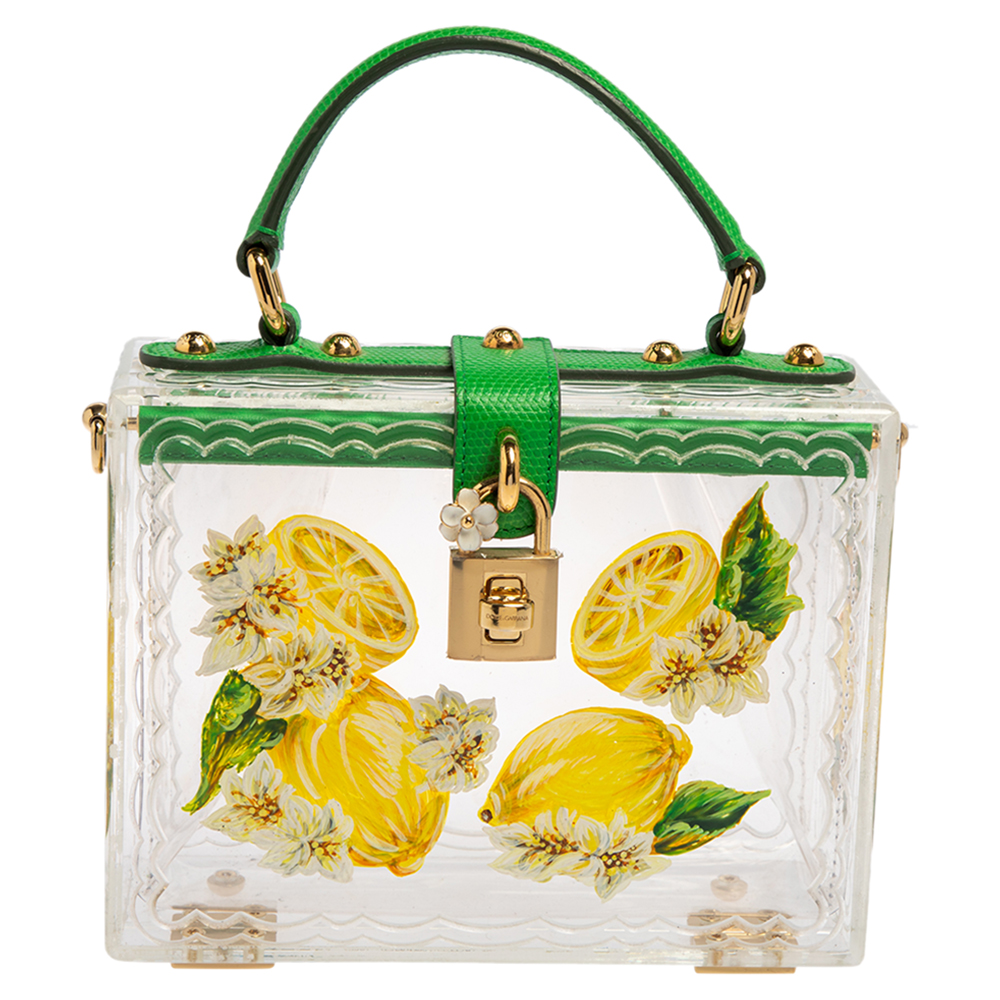 Dolce & Gabbana Green/Yellow Lemon Hand Painted Acrylic and Lizard Box Bag