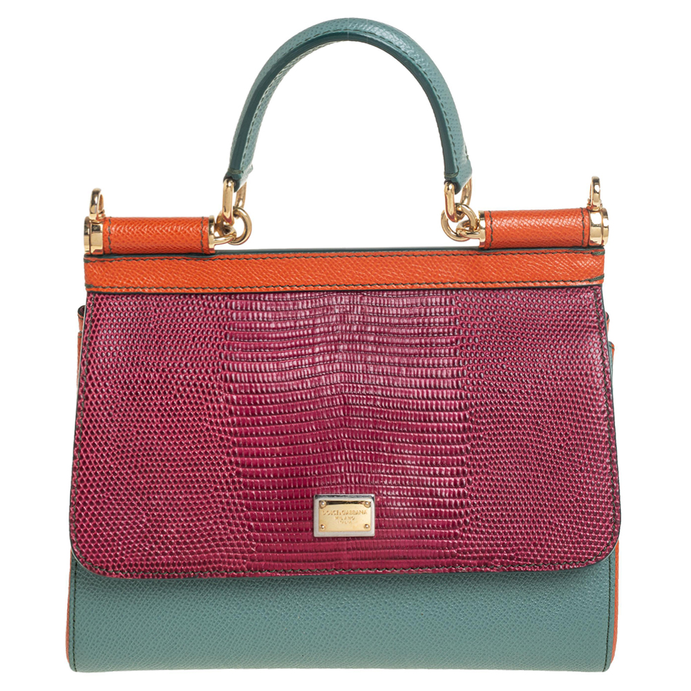Dolce & Gabbana Multicolor Lizard Embossed and Leather Small Miss Sicily Top Handle Bag