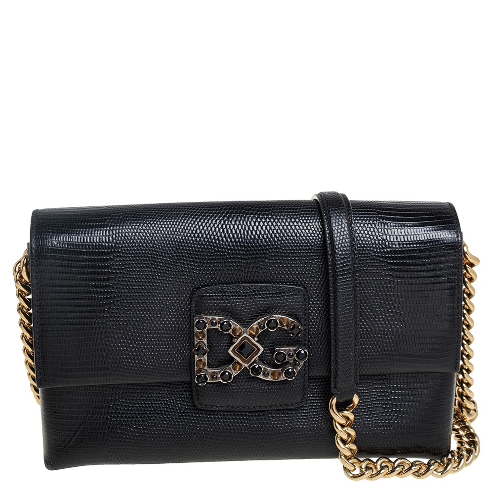 Dolce & Gabbana Black Lizard Embossed Leather DG Millennials Shoulder Bag