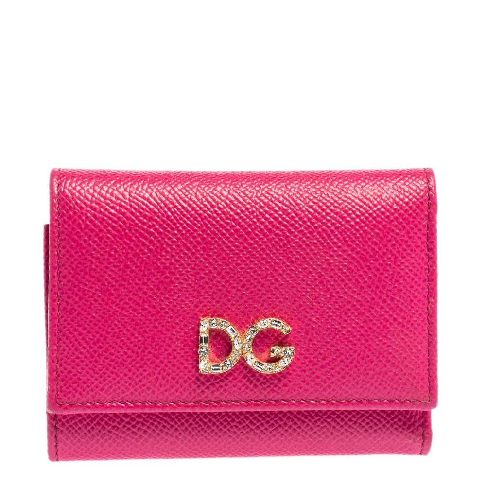 Dolce & Gabbana Fuchsia Leather DG Crystal Embellished Trifold Wallet