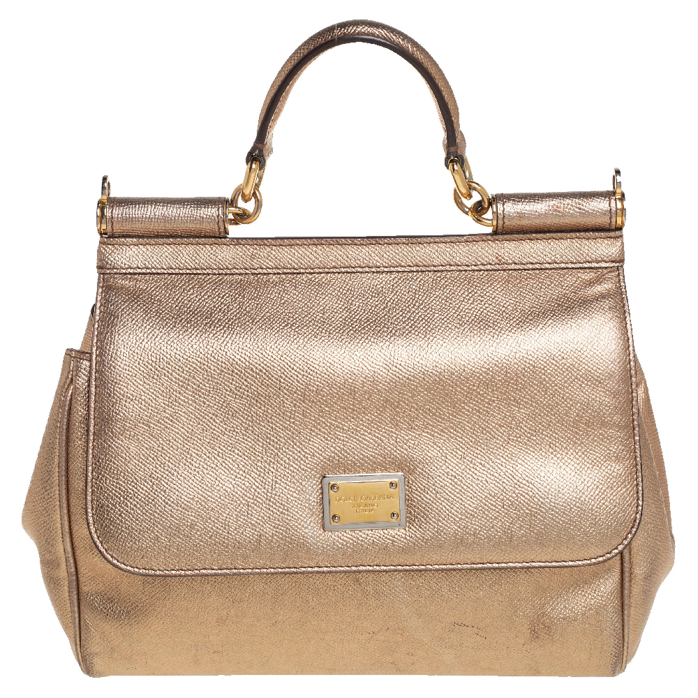 Dolce & Gabbana Gold Leather Medium Miss Sicily Top Handle Bag