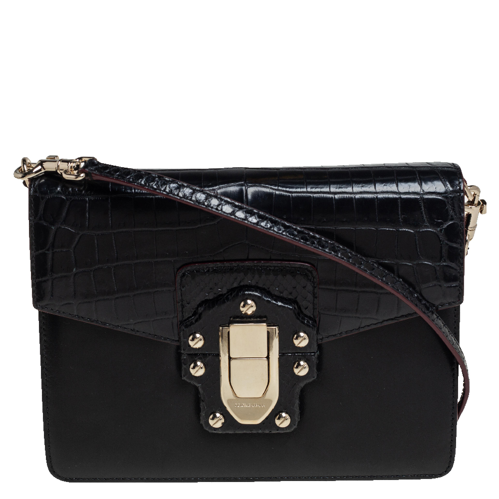 Dolce & Gabbana Black Croc, Snakeskin and Leather Lucia Shoulder Bag