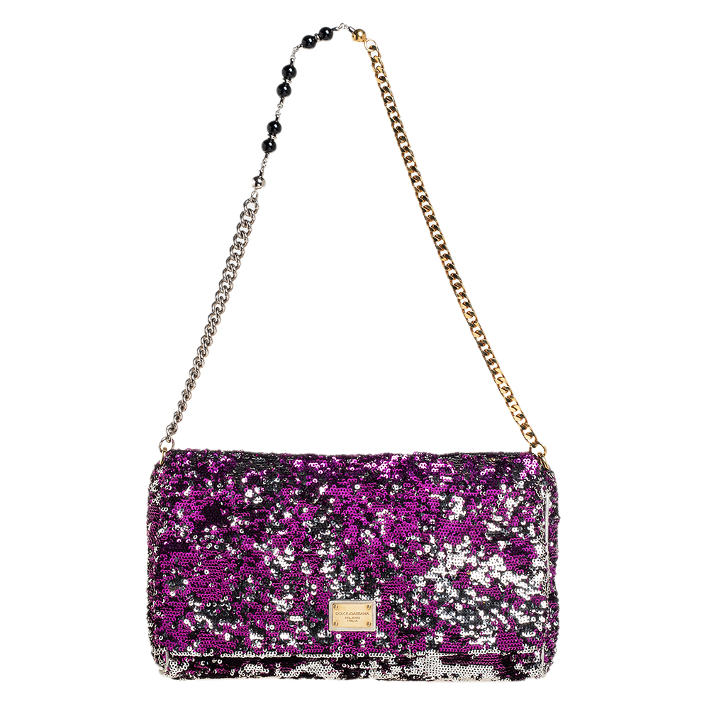 Dolce & Gabbana Purple/Silver Sequin and Leather Miss Charles Shoulder Bag
