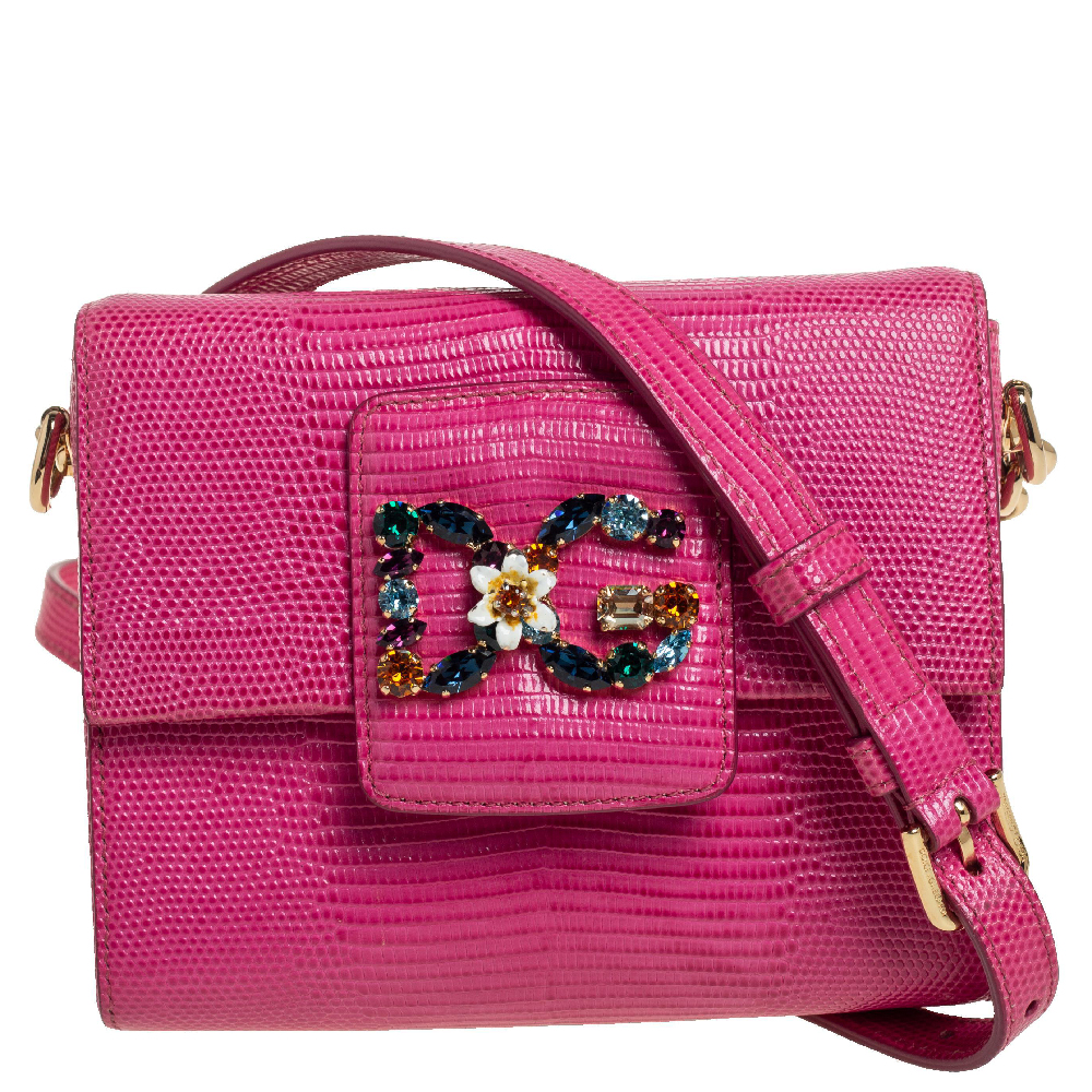 Dolce & Gabbana Pink Lizard Embossed Leather DG Millennials Crossbody Bag