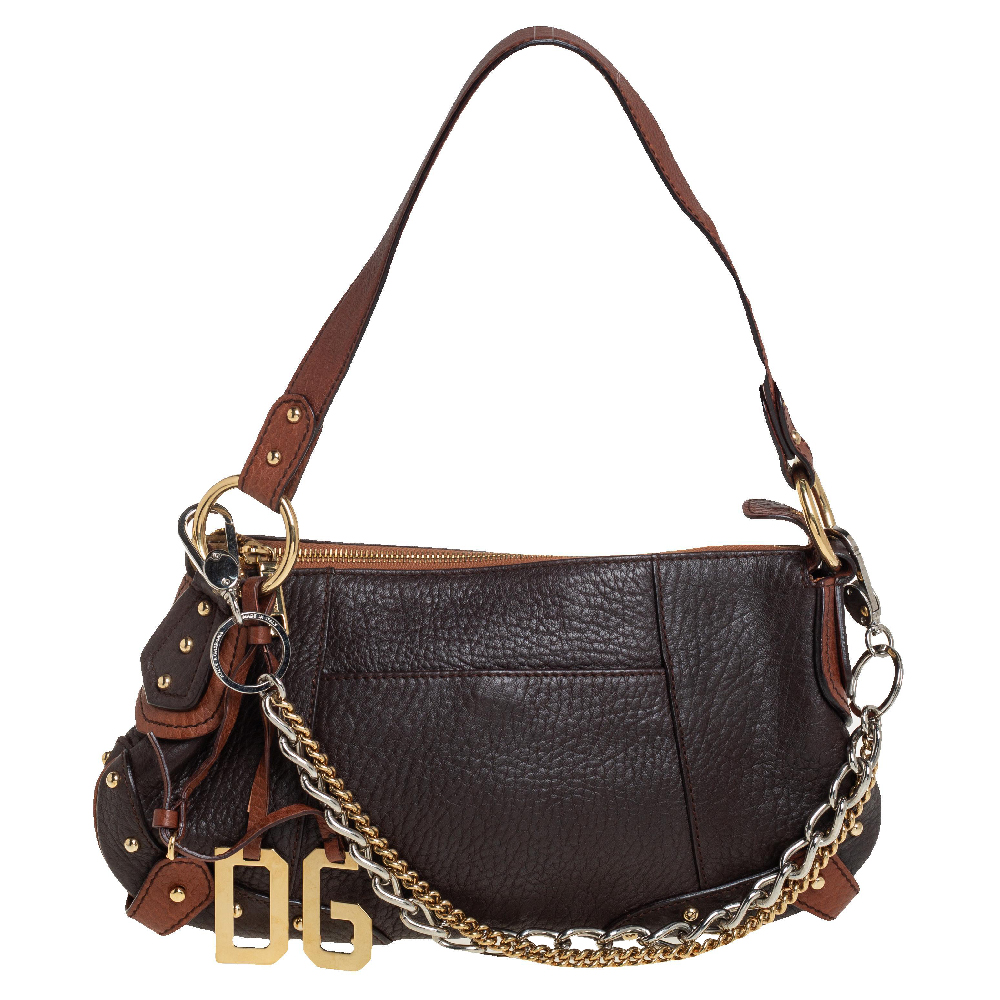 Dolce & Gabbana Brown Leather Small Multi Chain Shoulder Bag