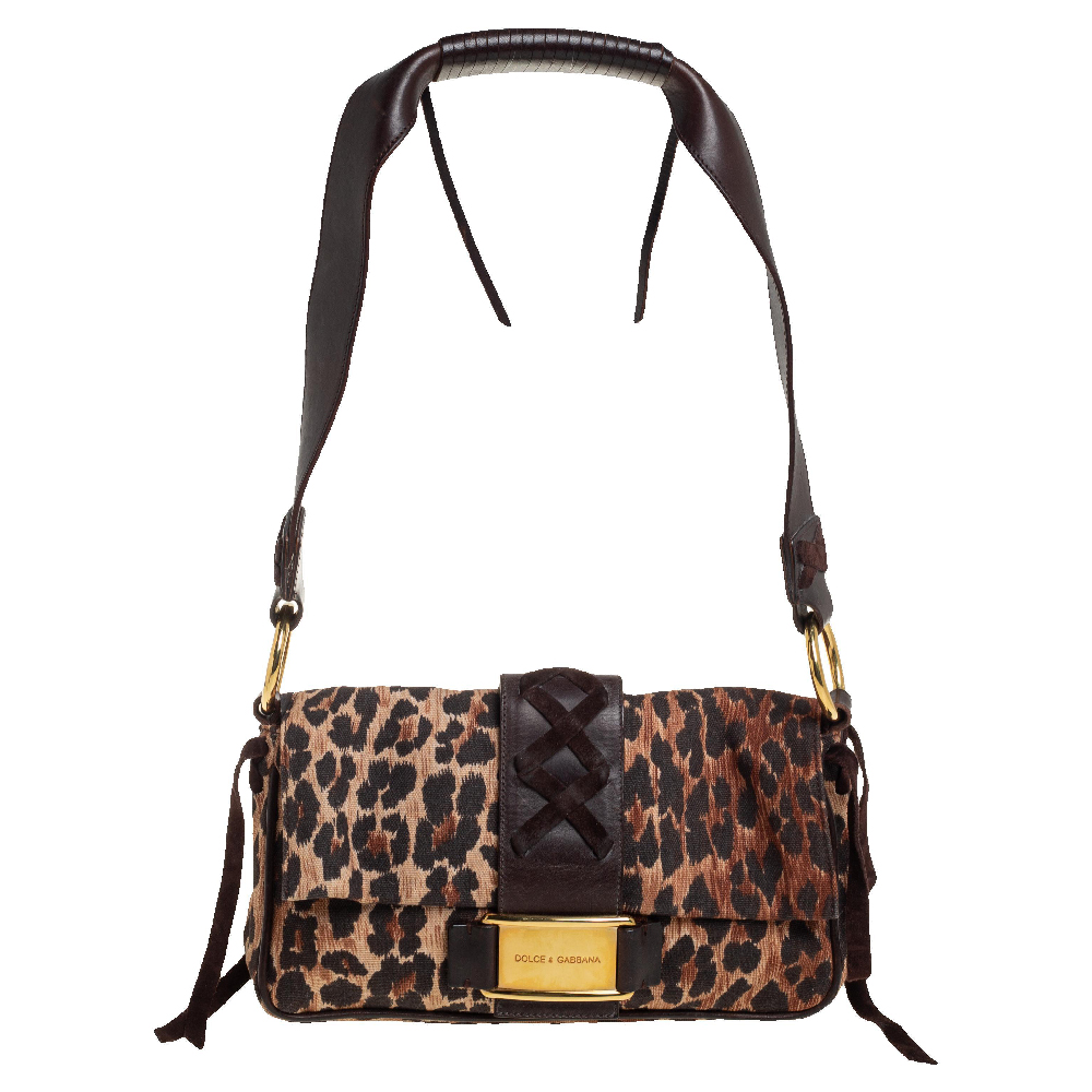Dolce & Gabbana Brown Leopard Print Canvas and Leather Corset Flap Bag