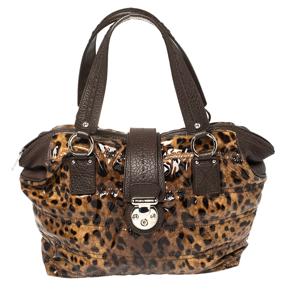 Dolce & Gabbana Beige/Brown Leopard Print Patent Leather Miss Very Sexy Satchel