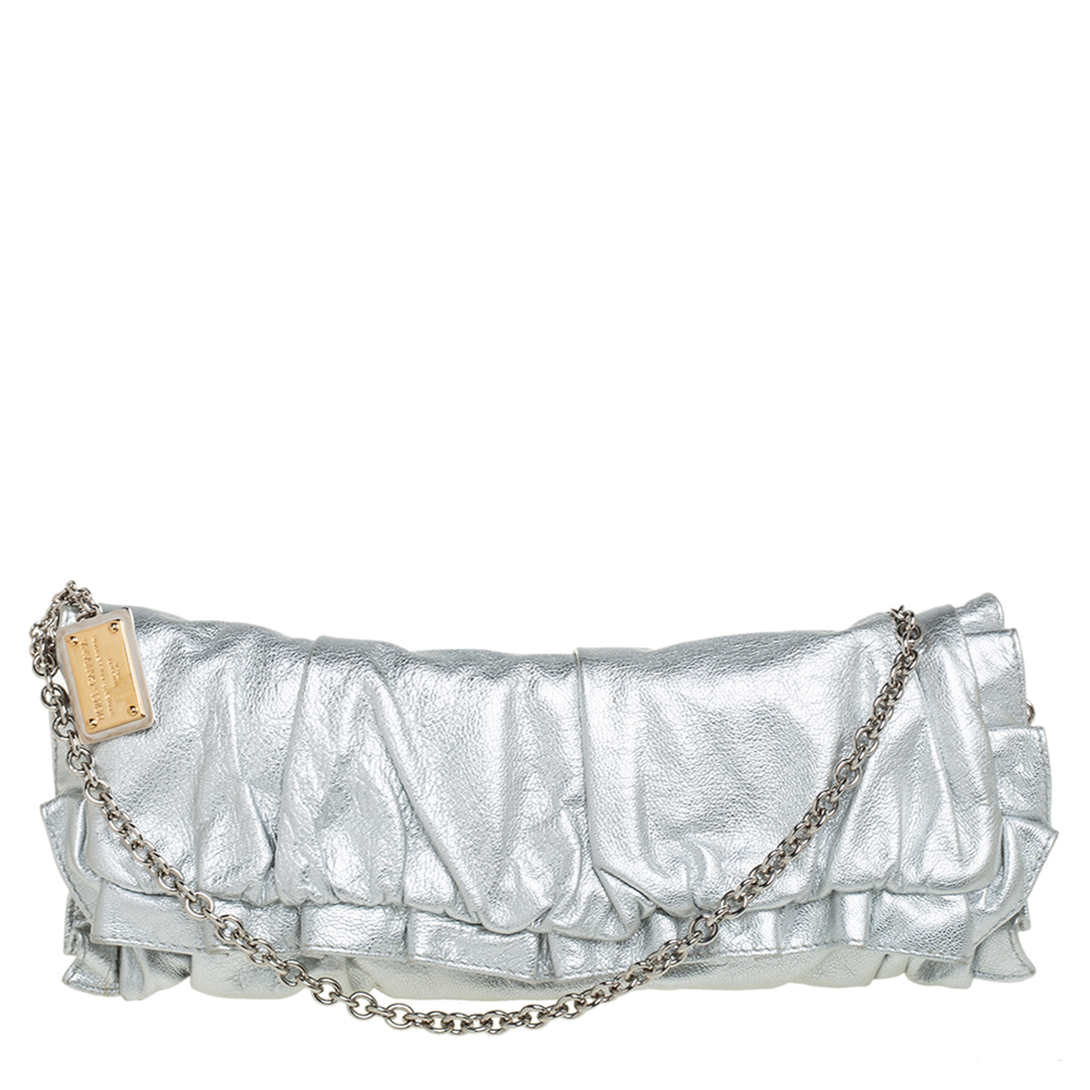 Dolce & Gabbana Silver Ruffle Leather Miss Buttercup Chain Clutch