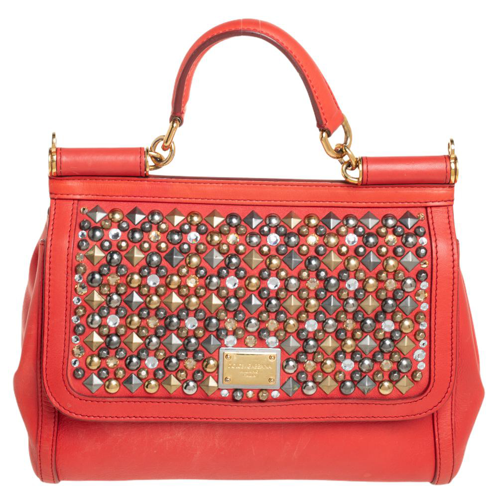 Dolce & Gabbana Orange Leather Embellished Miss Sicily Top Handle Bag