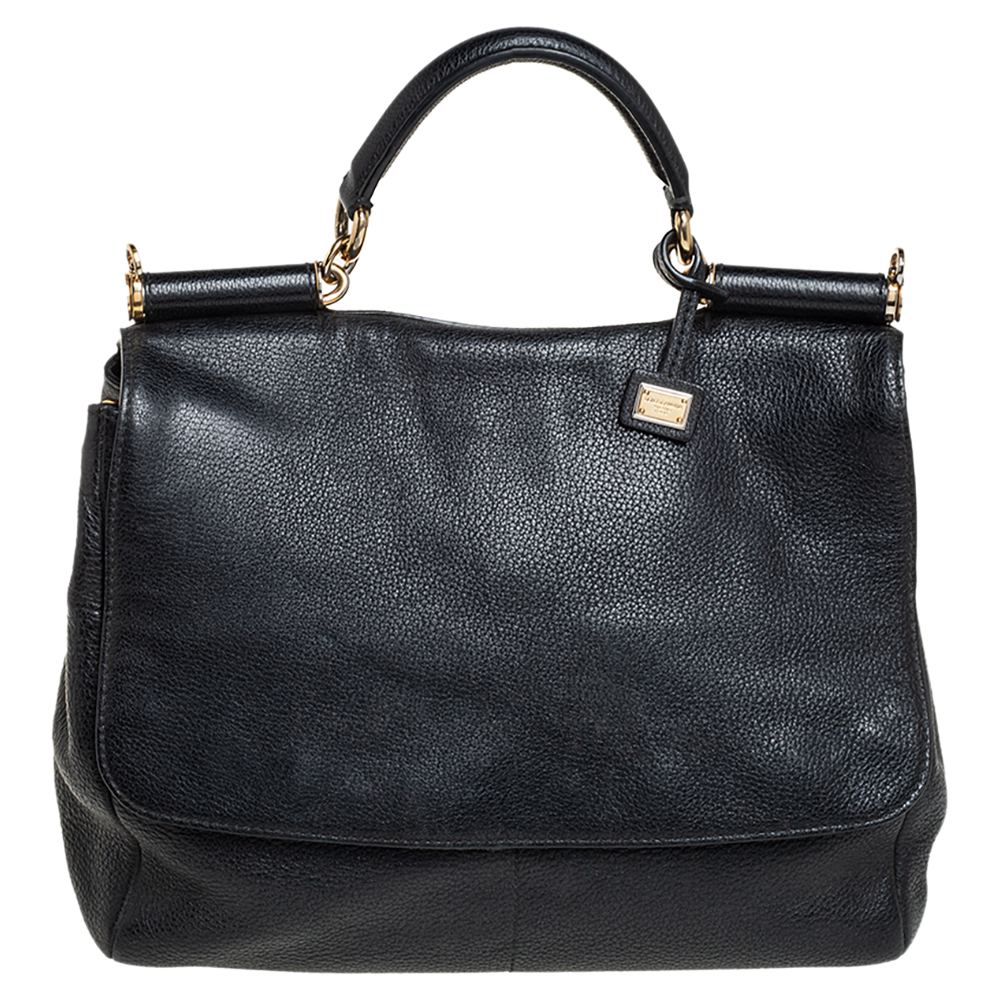 Dolce & Gabbana Black Leather Large Miss Sicily Soft Top Handle Bag