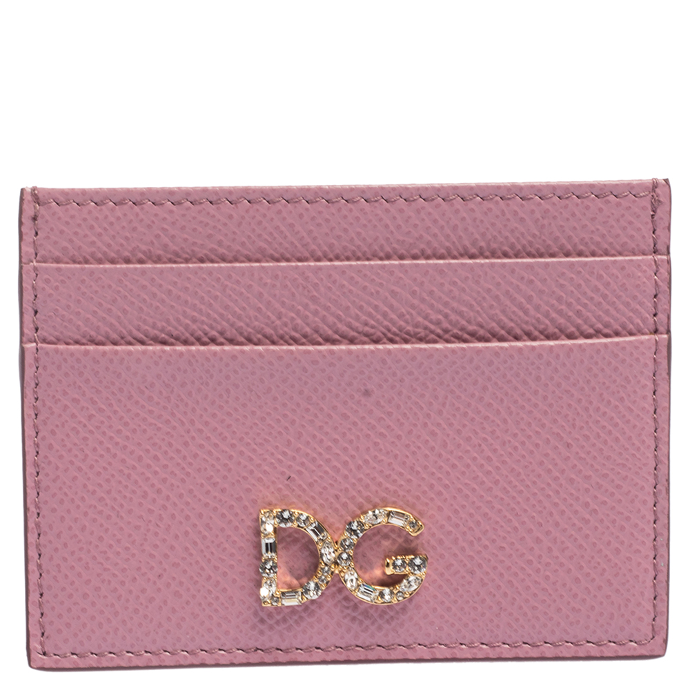 Dolce & Gabbana Pink Leather Crystal DG Card Holder