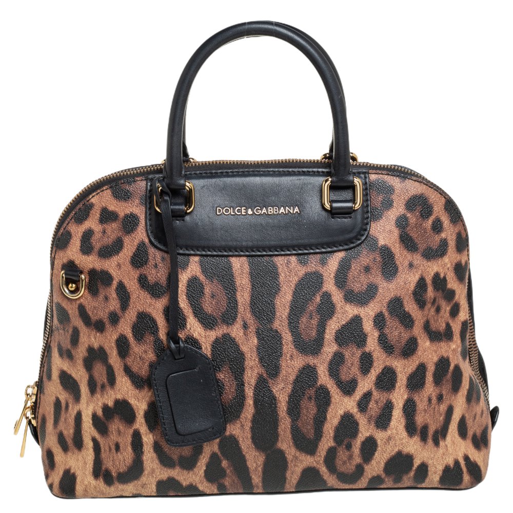 Dolce & Gabbana Black/Brown Animal Print Coated Canvas and Leather Megan Dome Satchel