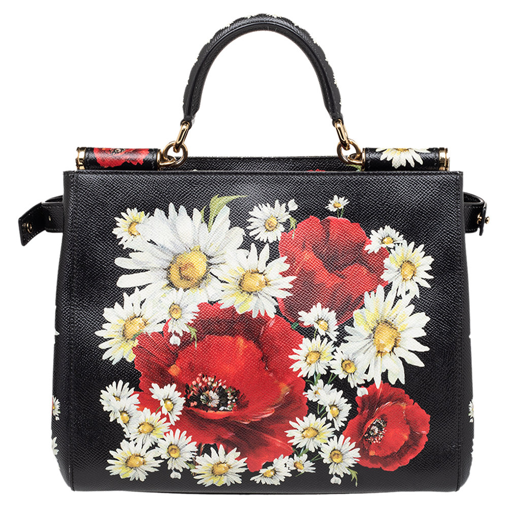 Dolce & Gabbana Black Floral Print Leather Small Miss Sicily Top Handle Bag