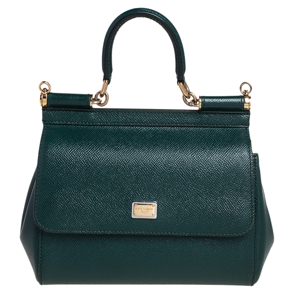 Dolce & Gabbana Green Leather Small Miss Sicily Top Handle Bag