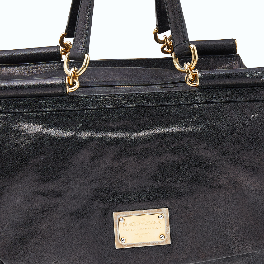Dolce & Gabbana Black Leather Large New Miss Sicily Top Handle Bag