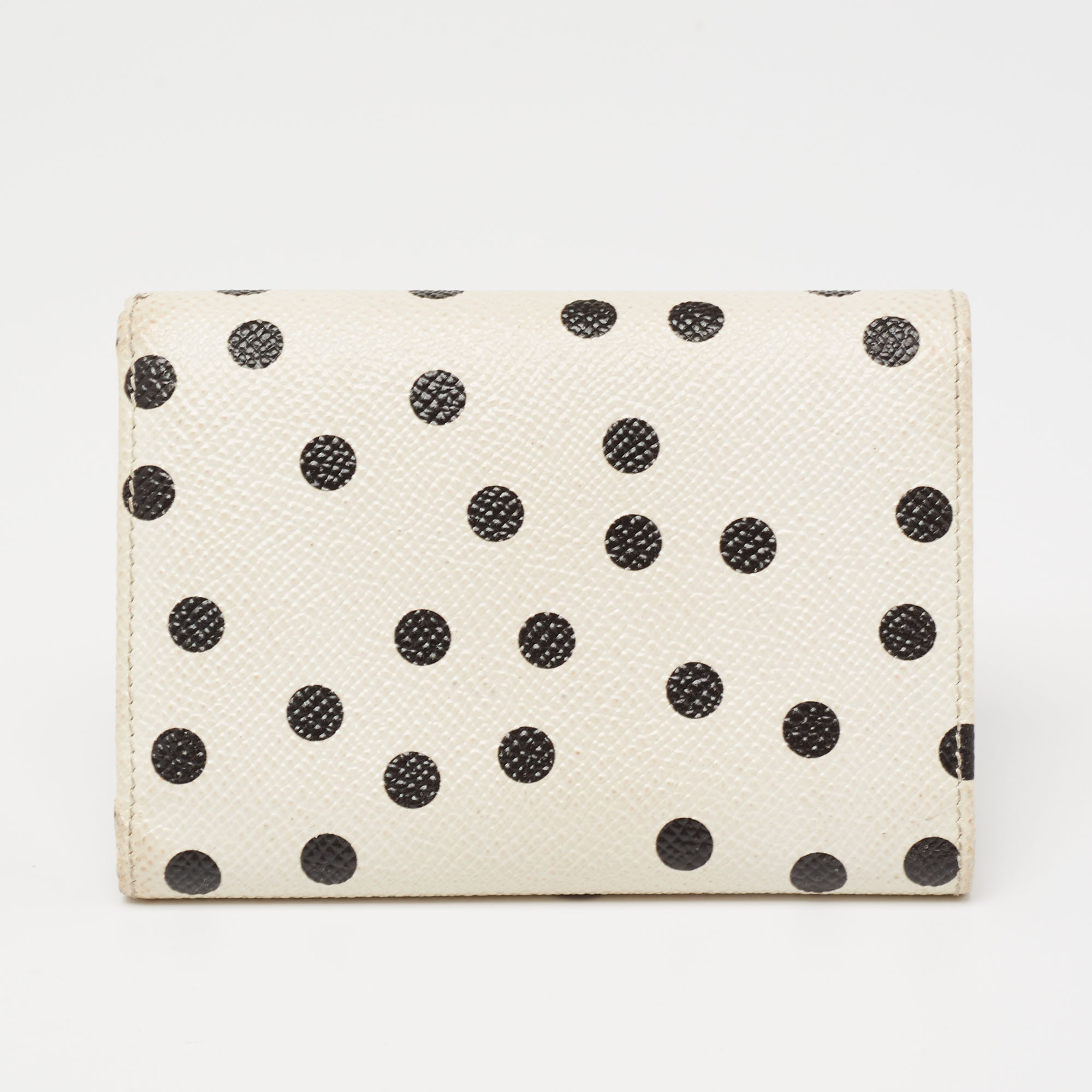 Dolce & Gabbana White/Black Polka Dot Print Leather Trifold Compact Wallet