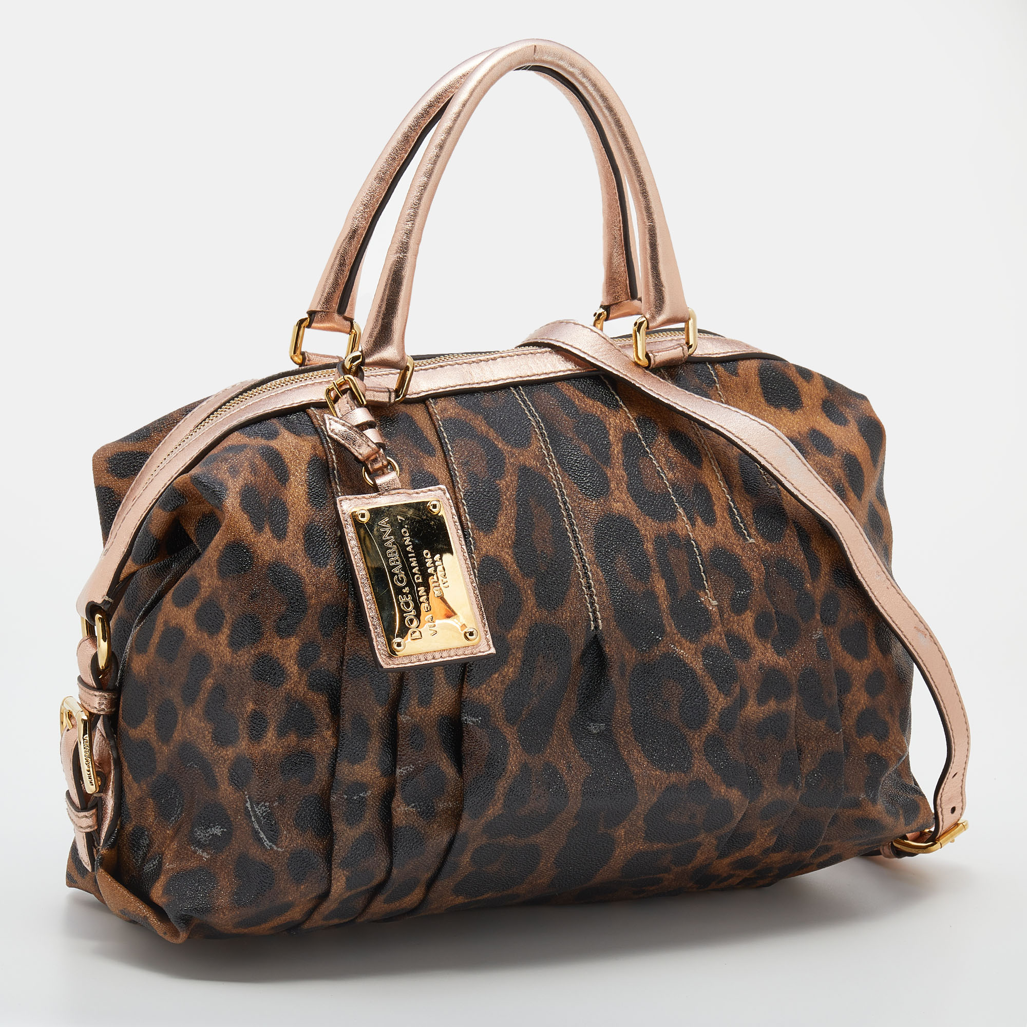 Dolce & Gabbana Brown/Rose Gold Leopard Print Coated Canvas And Leather Satchel