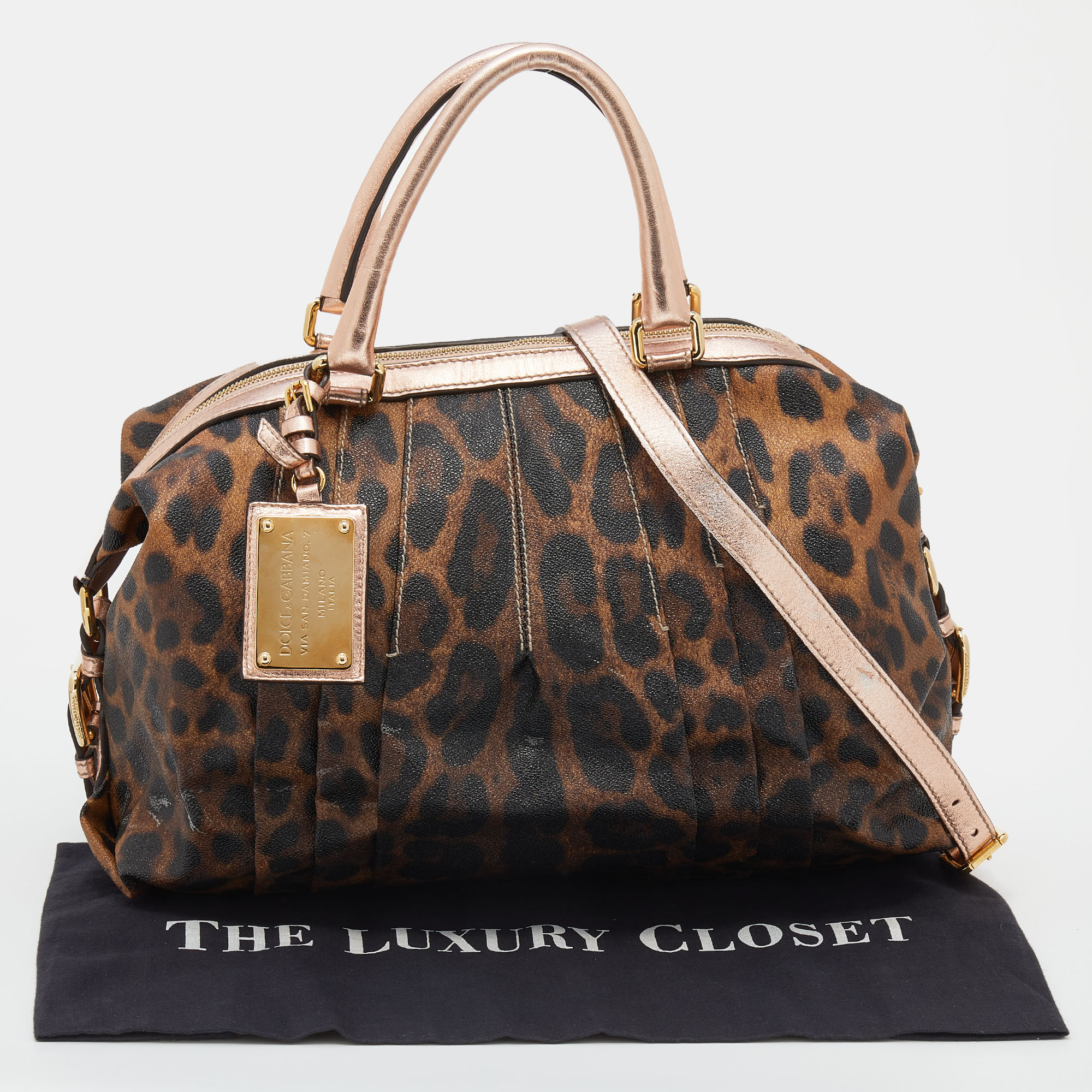 Dolce & Gabbana Brown/Rose Gold Leopard Print Coated Canvas And Leather Satchel
