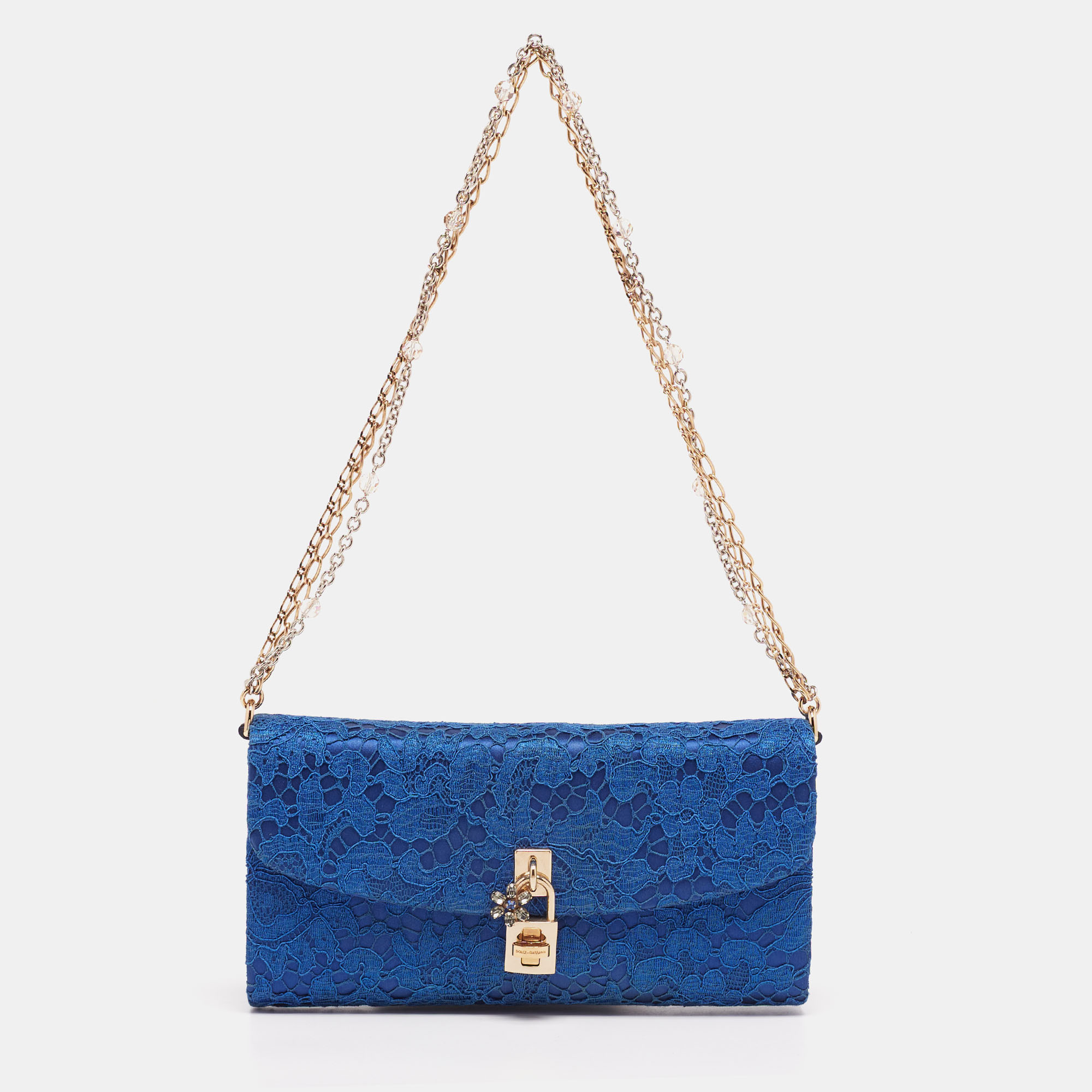Dolce & Gabbana Royal Blue Lace and Satin Padlock Chain Clutch