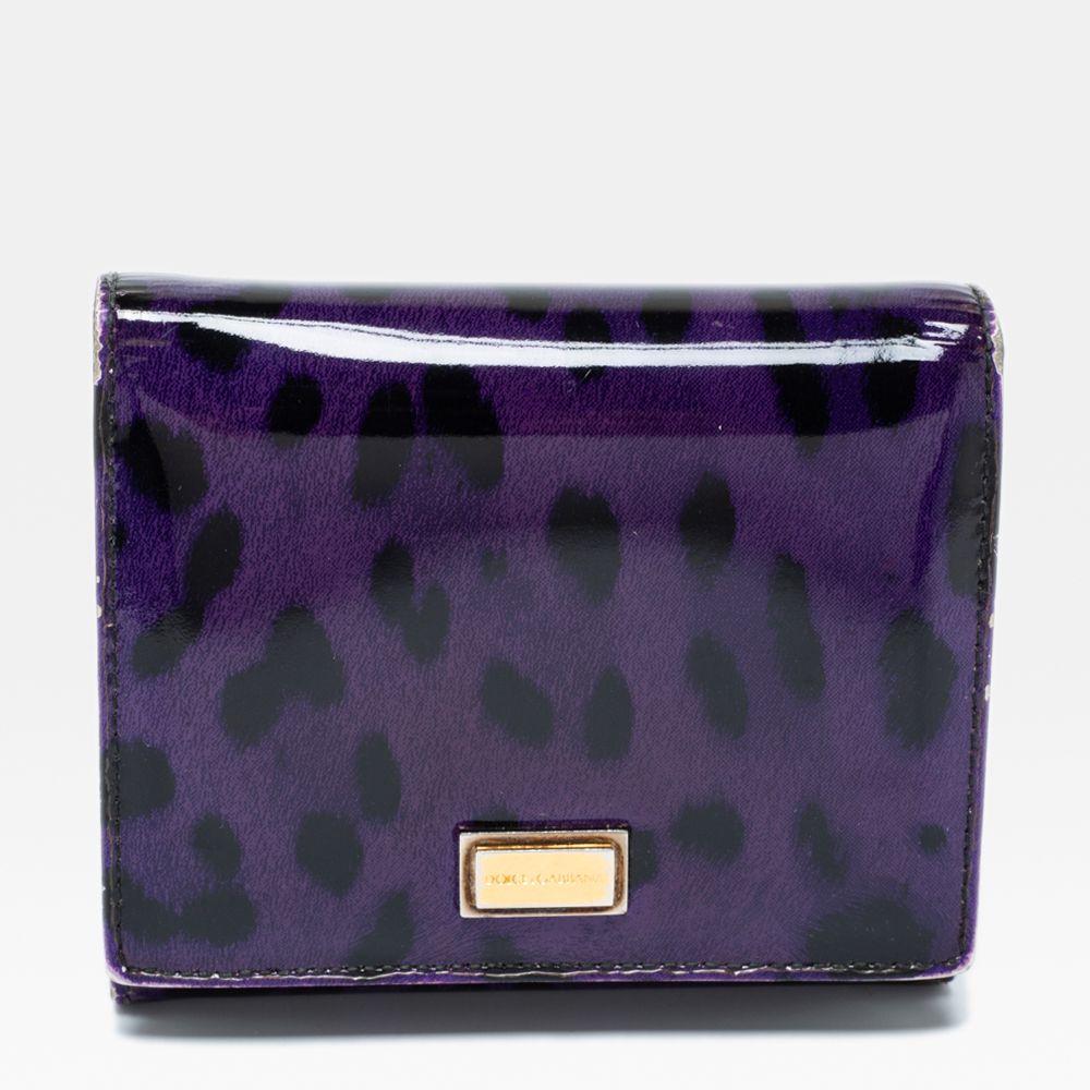 Dolce & gabbana purple leopard print patent leather trifold wallet