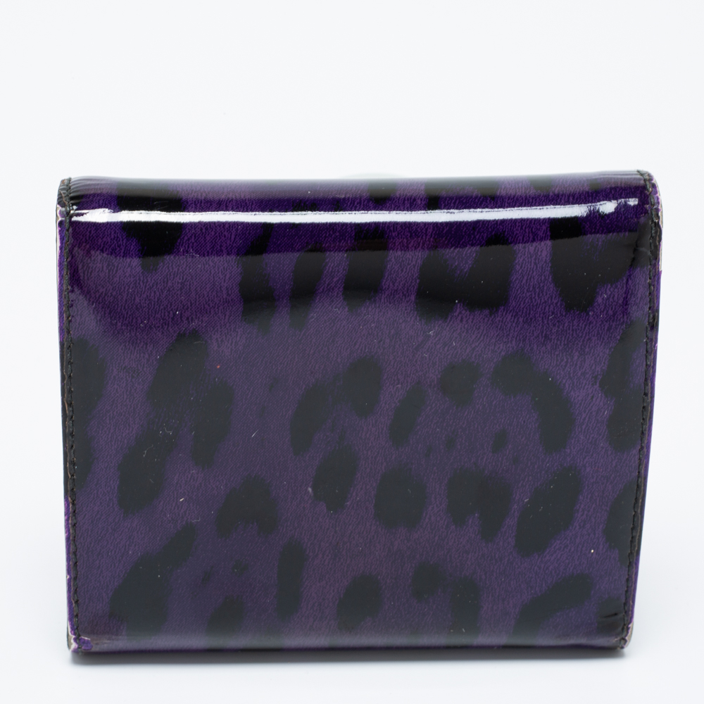 Dolce & Gabbana Purple Leopard Print Patent Leather Trifold Wallet
