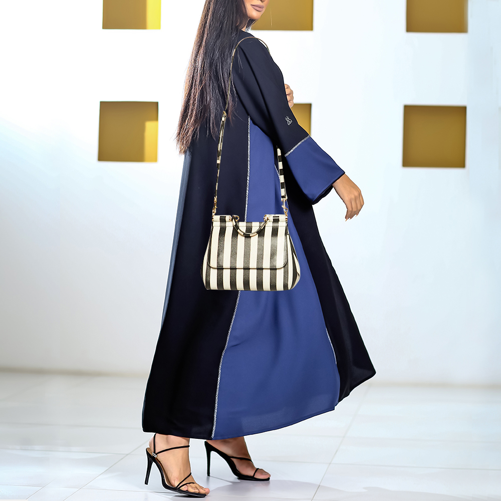 Dolce & Gabbana Black/White Striped Leather Medium Miss Sicily Top Handle Bag
Dolce & Gabbana Black/White Striped Leather Medium Miss Sicily Top Handle Bag