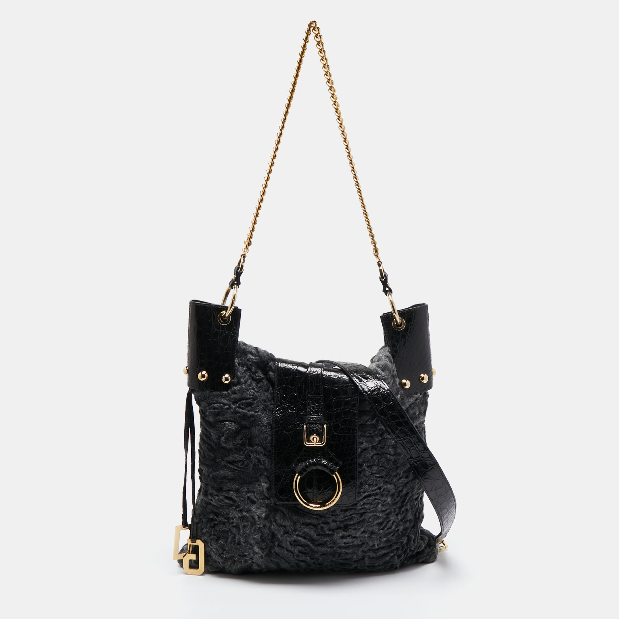 Dolce & gabbana  black/grey embossed leather and fur tote