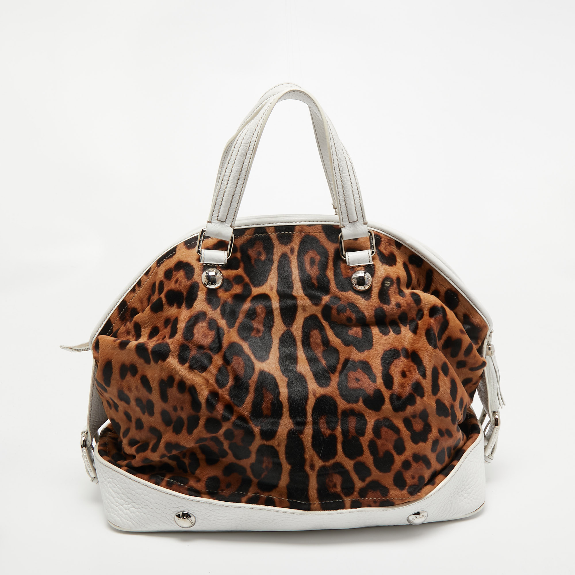 Dolce & Gabbana White/Brown Leopard Print Calfhair And Leather Tassel Bowler Bag